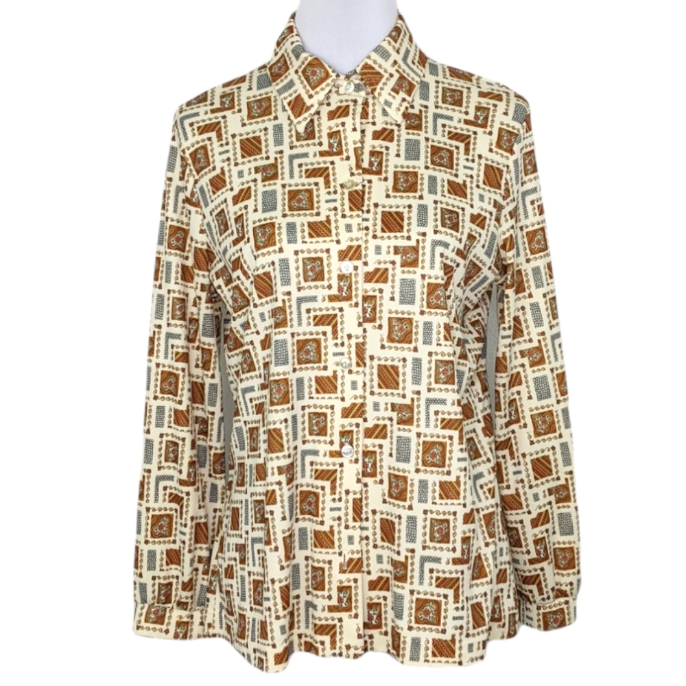 VTG Lucky Top Floral Squares Button Up Shirt Sz L